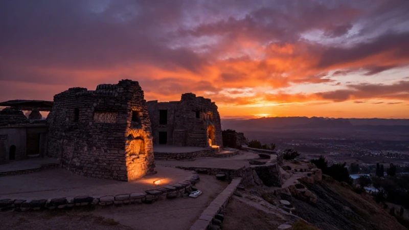 Ruinas prehispánicas en un atardecer silueteado