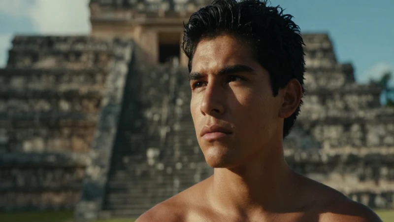 Joven mestizo con piel bronceada en ruinas mayas
