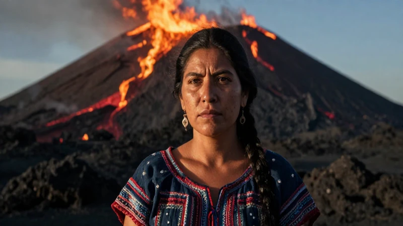 Mujer mexicana, paisaje volcánico, iluminación dramática