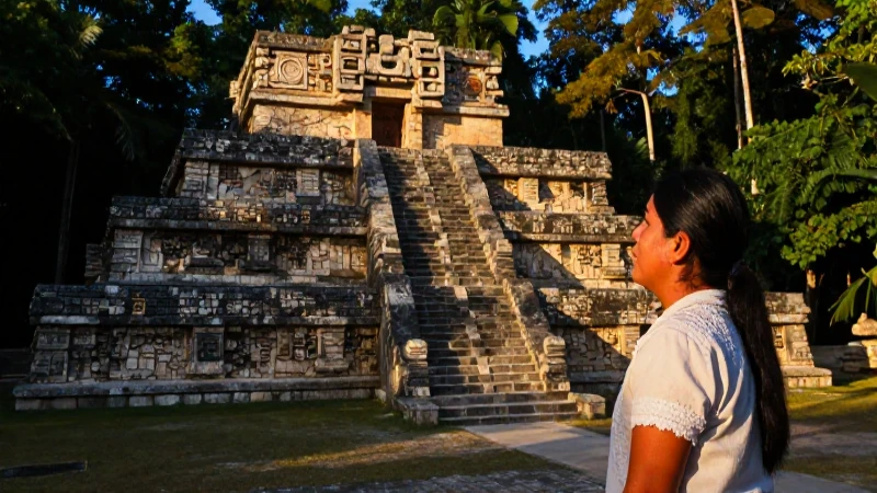 Criatura mítica observa ruinas mayas al atardecer