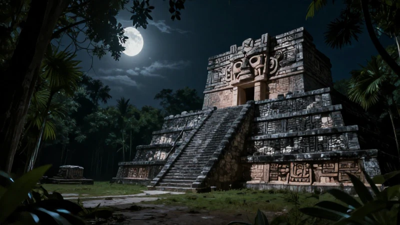 Ruinas mayas iluminadas por la luna