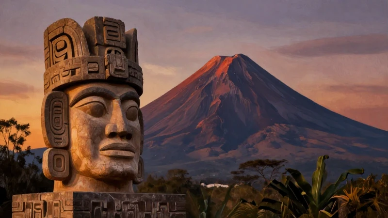 Volcán Colima, cabeza Olmec, atardecer dramático