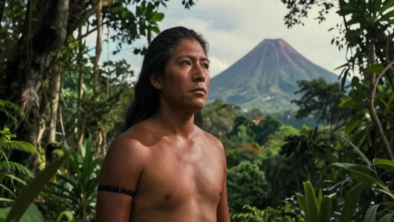 Criatura mítica en selva volcánica, fotorrealista