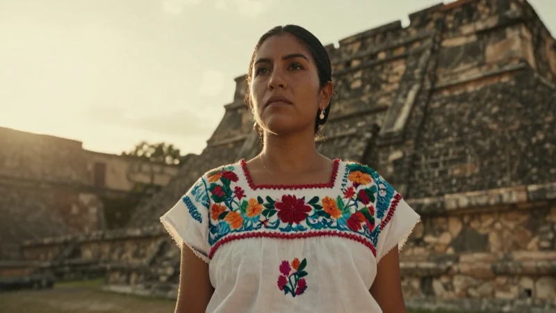 Mujer mexicana en ruinas, luz dorada y mística