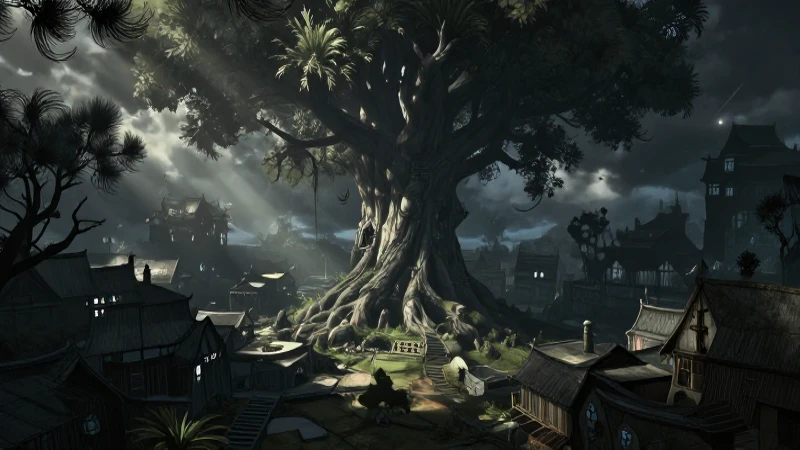 Árbol ancestral, aldea oculta, fantasía oscura