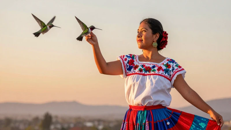 Mujer mexicana en vestimenta folclórica, al atardecer