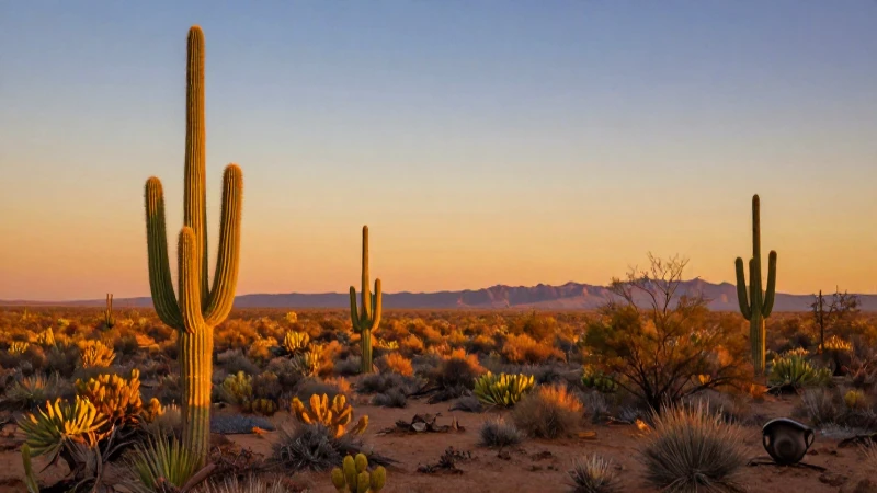 Cactus en desierto, luz cálida y vibrante