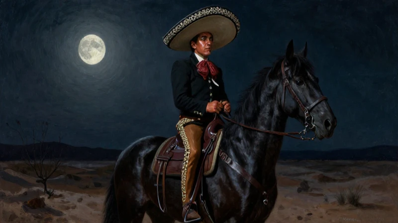 Leyendas de Saltillo: Mitos Fascinantes de Coahuila 4 Un charro cabalga en un desierto oscuro