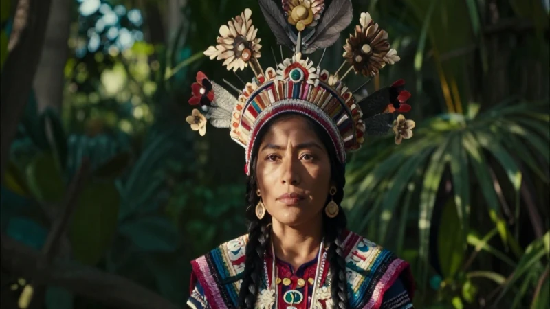 Descubre los Mitos y Leyendas Fascinantes de San Luis Potosí 6 Mujer indígena, tocado elaborado, luz fantasiosa