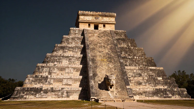 Pirámide maya, jaguar, sombras cálidas y dramáticas