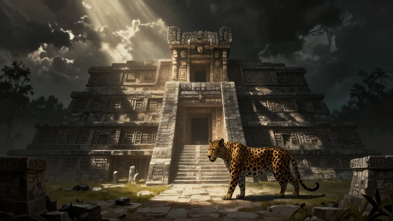 Jaguar místico en ruinas mayas ilustrado