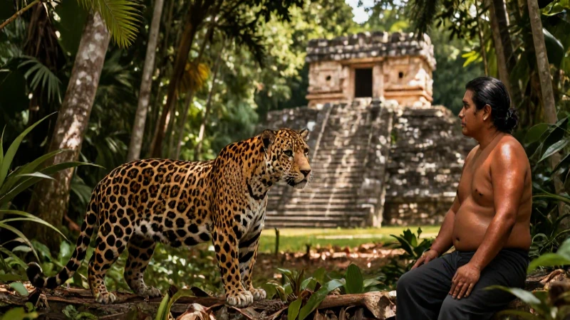 Jaguar observa ruinas mayas en la selva