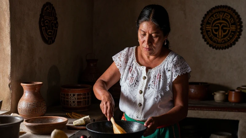 Mujer mestiza cocina en ambiente rústico antiguo