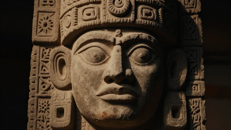 Mitos y Leyendas de Tlaxcala: Historias que Sorprenden 7 Divinidad tlaxcalteca, tallada en piedra, con luz dramática