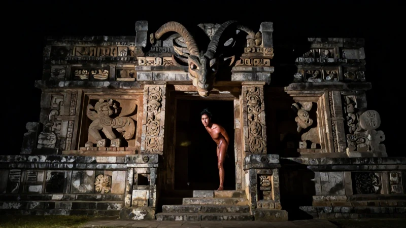 Un demonio cabrío emerge de ruinas mayas