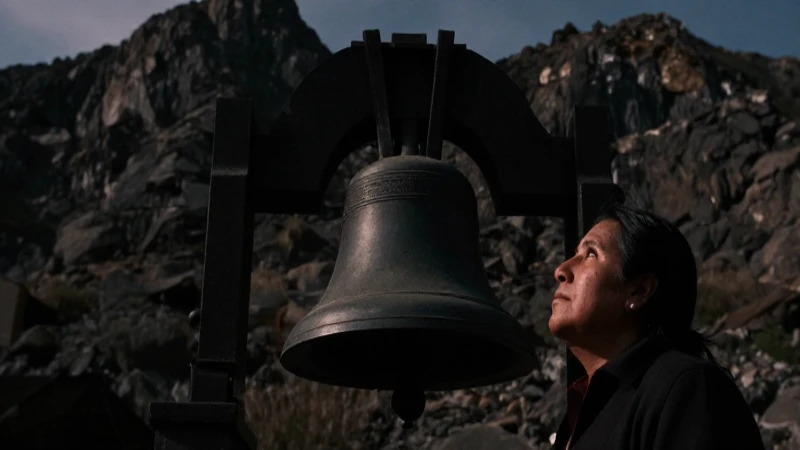 Campana antigua, montaña oscura, figura misteriosa