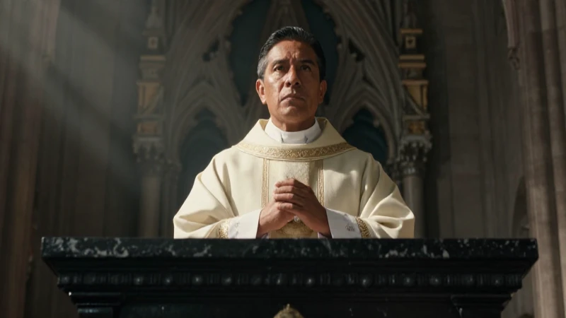 Sacerdote mestizo en altar gótico sombrío