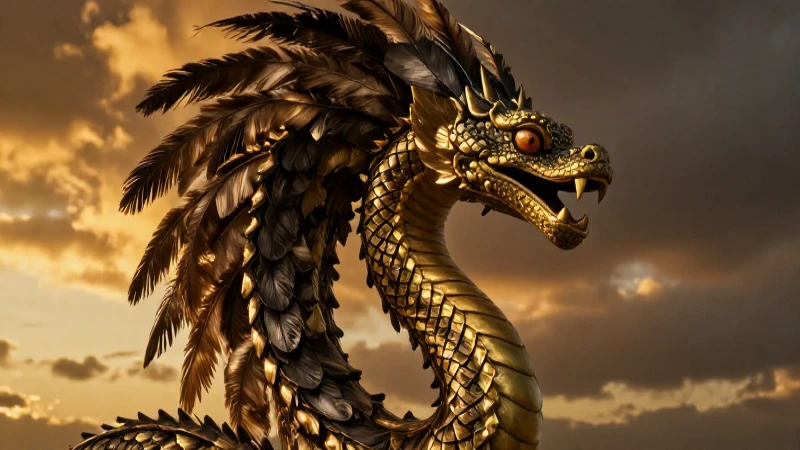 Quetzalcóatl, serpiente emplumada, luz dorada cinematográfica