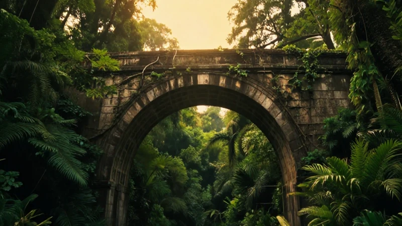 Descubre el Misterio del Puente de los Perros en Campeche 7 Puente antiguo en jungla, luz dorada cinematográfica