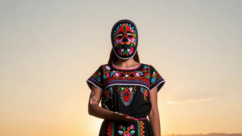 Leyendas de CHIHUAHUA: Mitos y HISTORIAS FASCINANTES 4 Artista enmascarada, vestido bordado, atardecer cálido