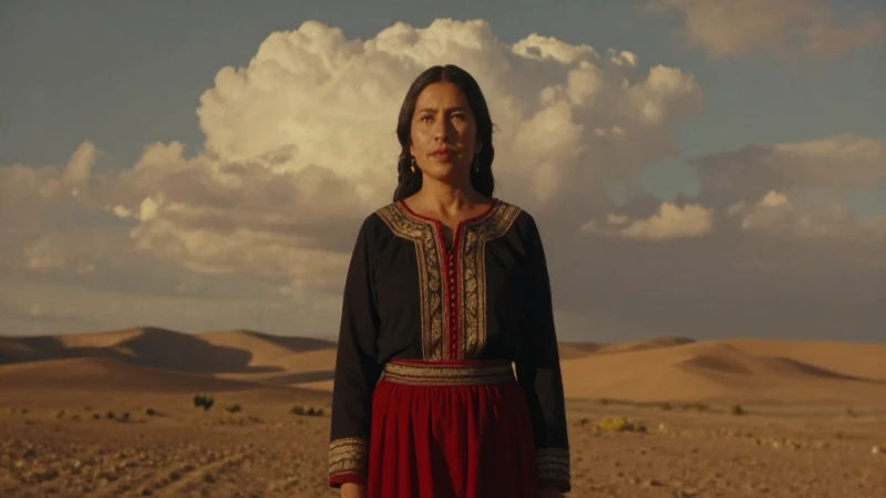Mujer mestiza en vestido, paisaje desértico cálido
