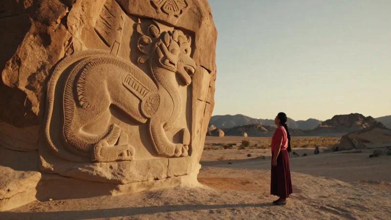 Escultura antigua en desierto, identidad mestiza mexicana