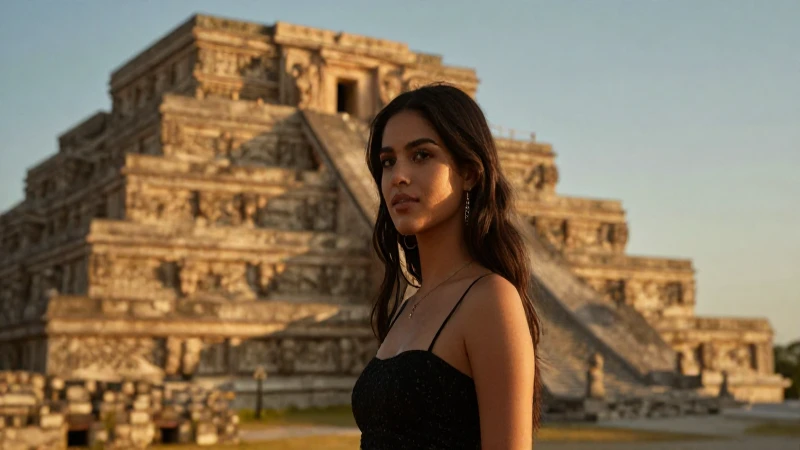 Joven en ruinas aztecas, luz dorada