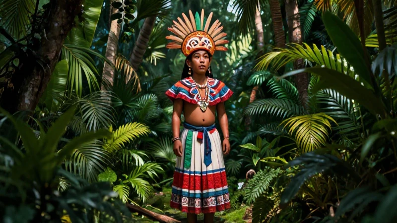 Espíritu ancestral mexicano en vibrante selva realista
