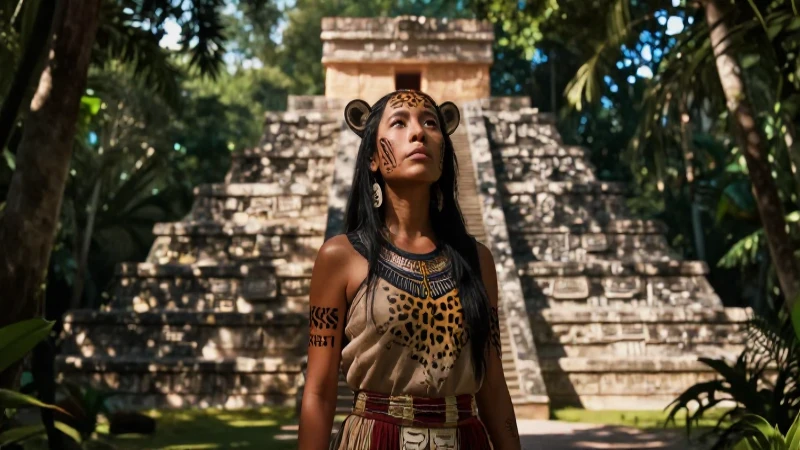 Jaguar, pirámides mayas, atmósfera mística y cálida