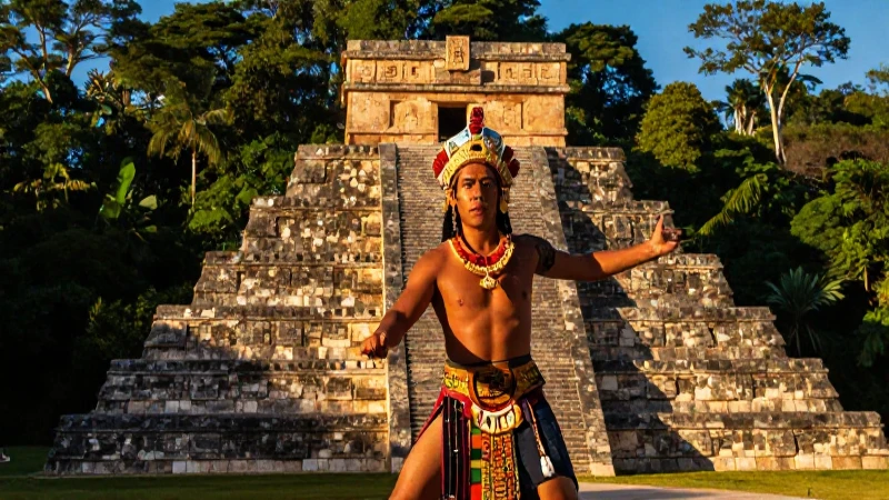Pirámide maya, exuberante y mística atmósfera