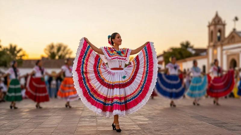 Bailarina mexicana, vestuario tradicional, luz dorada cálida