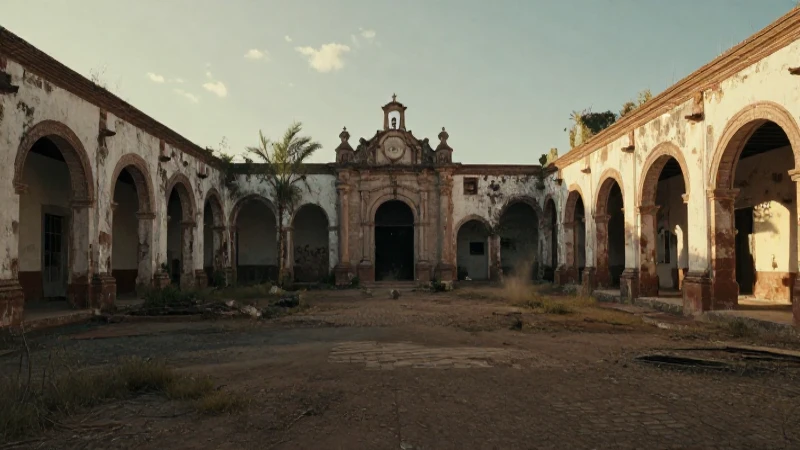Hacienda mexicana desolada, bañada por luz dorada