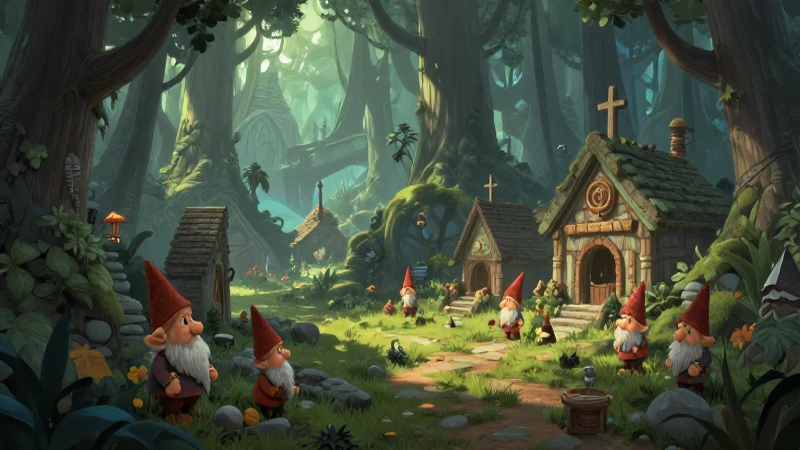 Aldea gnomo, bosque místico, luz ambiente y fantasía