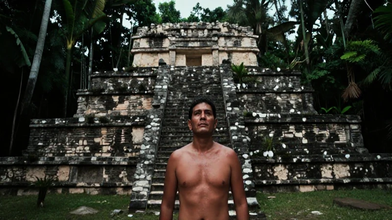 Ruinas antiguas, un hombre mestizo, luz dramática