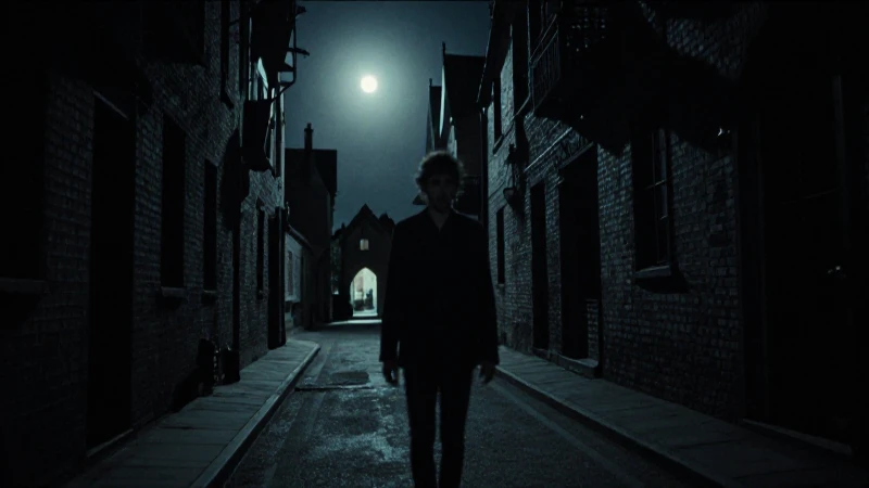 Calle oscura, figura misteriosa a la luz lunar
