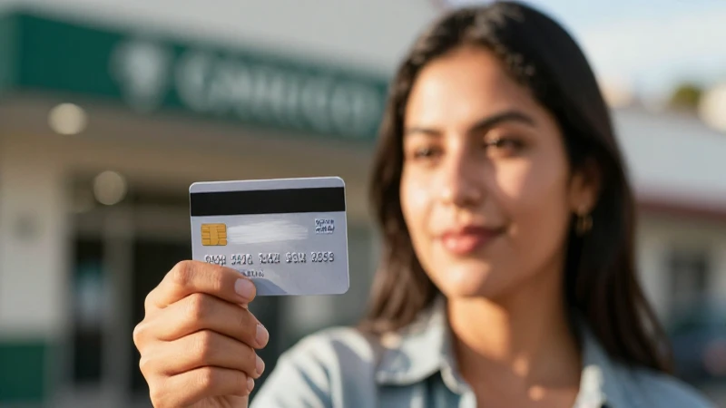 Mujer mestiza sostiene tarjeta en un día soleado
