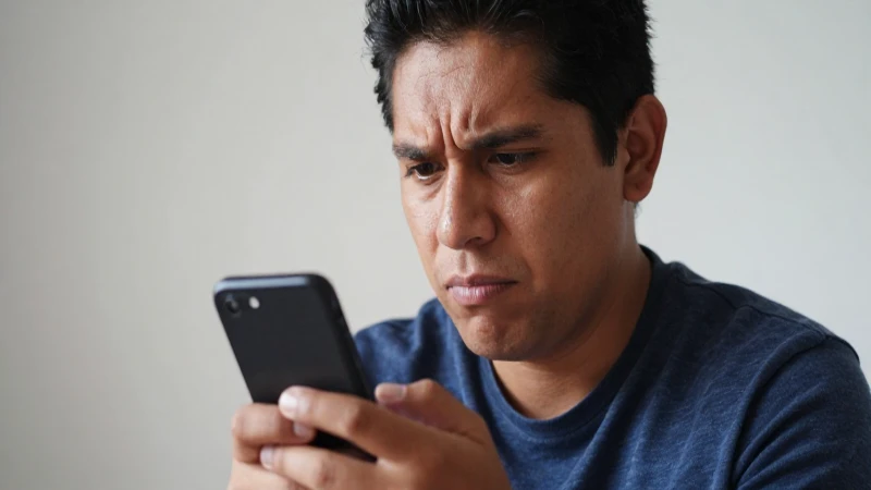 Hombre frustrado mira mensaje de error en móvil
