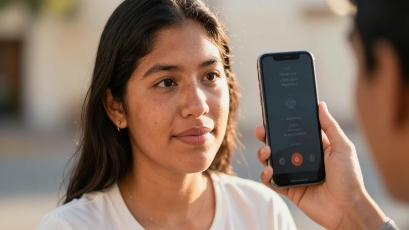 Joven mestiza sonríe al sol con el móvil