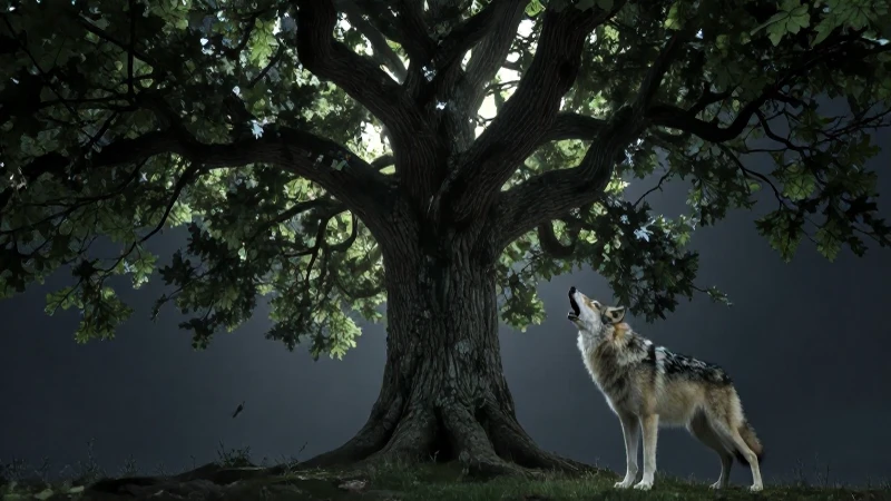 Lobo aullando bajo un roble cinematográfico