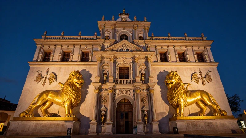 Castillo chiapaneco, leones dorados e iluminación renacentista
