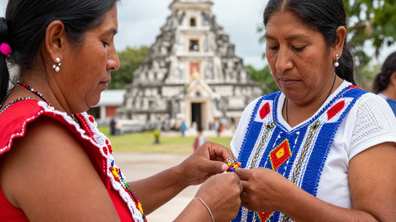 Mujeres mayas crean intrincados bordados con cuentas