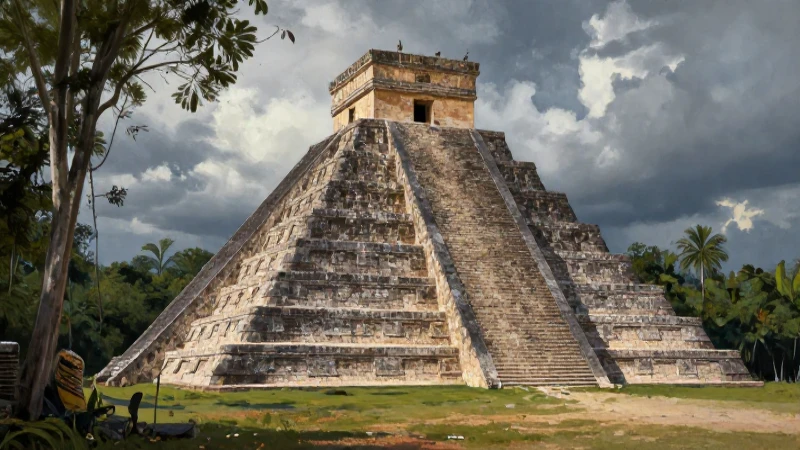 Pirámide maya en selva, iluminación dramática