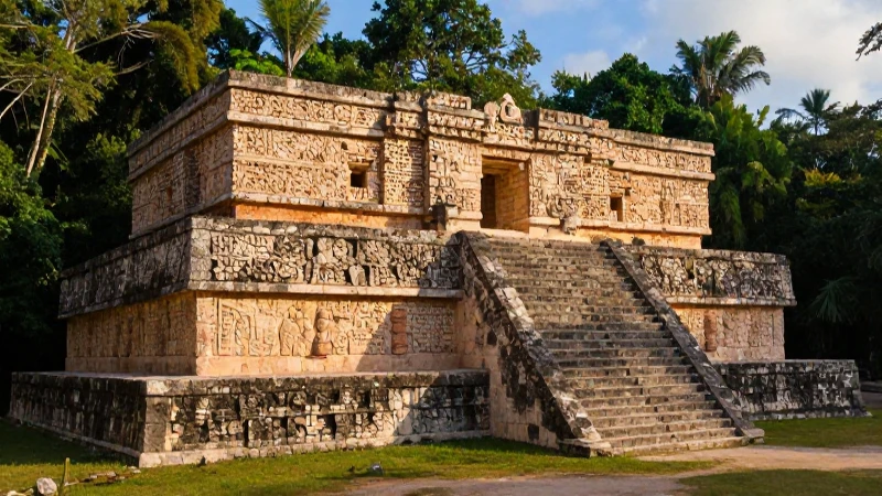 Ruinas mayas en selva, luz dorada cinematográfica