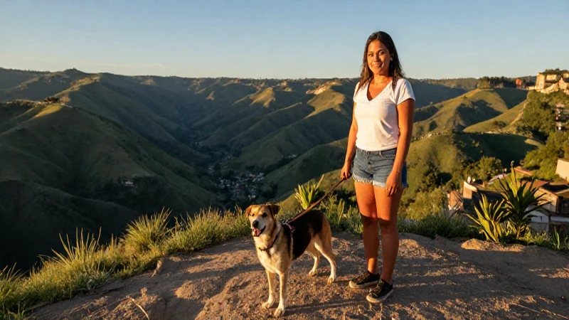 Mujer mestiza pasea un perro al atardecer
