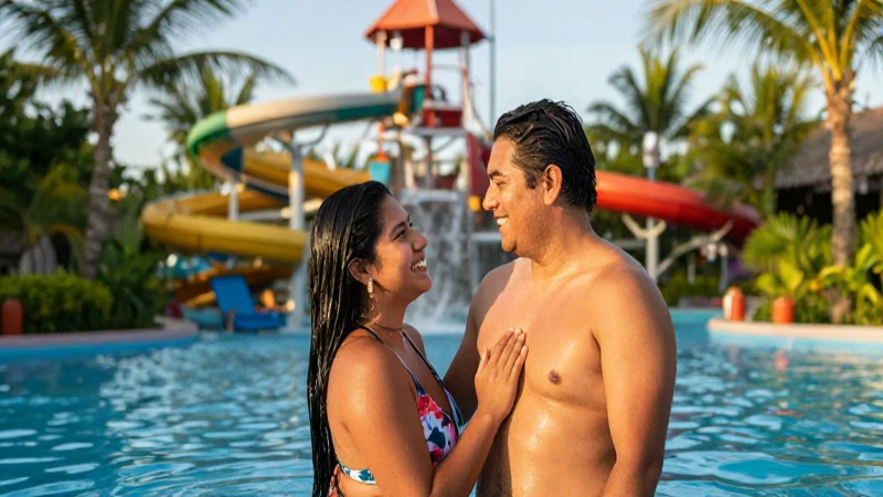 Pareja mestiza, alegre, en un parque acuático tropical