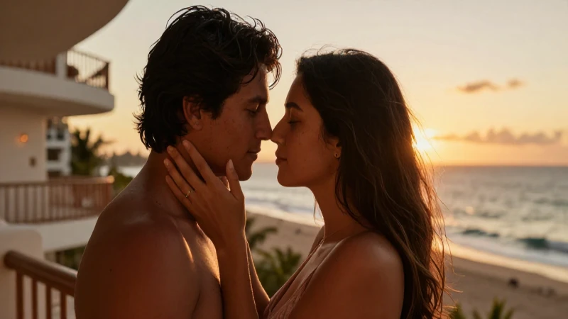 Pareja mexicana en balcón al atardecer tropical