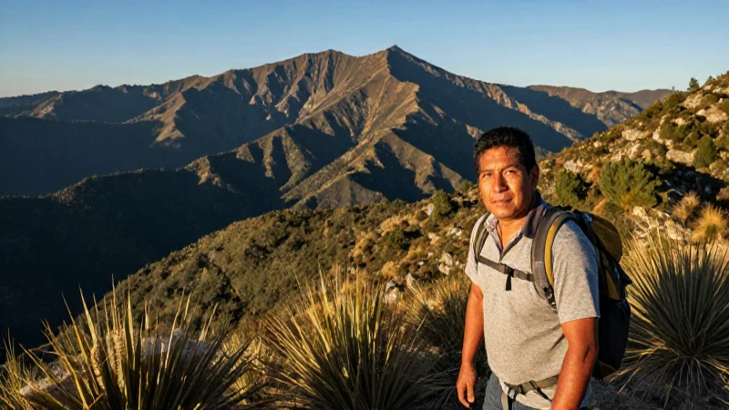 Vista montañosa al atardecer, excursionista mestizo