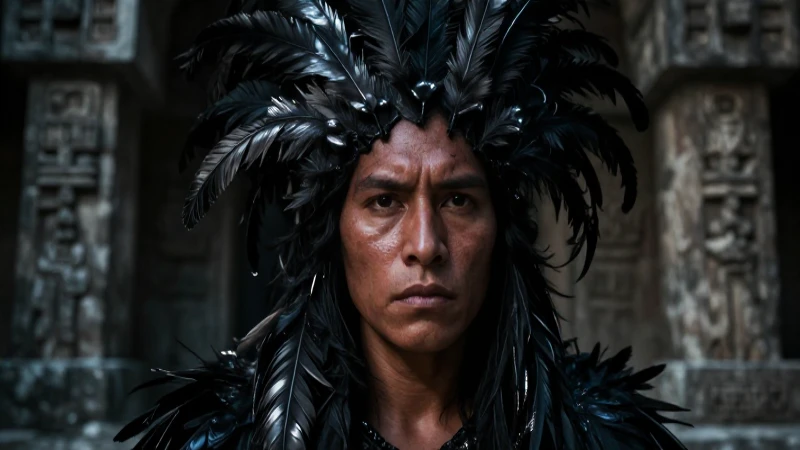 Matlalcueitl: Crea Curiosidad con su Misteriosa Leyenda 2 Guerrero mestizo azteca, sombra y drama