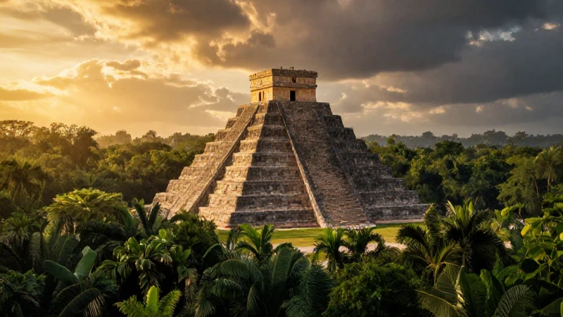 CULTURA MAYA - Descubre su ASOMBROSA UBICACIÓN y LEGADO 1 Pirámide maya en selva, luz dorada dramática