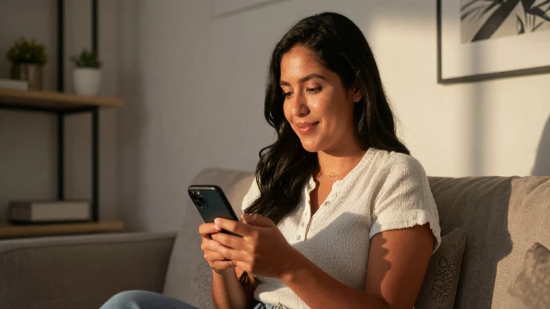Mujer mestiza sonríe en su sala moderna
